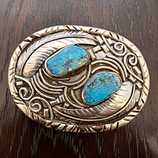 Vintage Southwestern Turquoise Belt Buckle Handcrafted Feather Western Native St picture