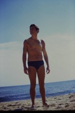 c1960's Kodachrome 35mm Slide Man Standing Beach Ocean Swim Briefs Horizon Sandy picture