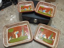 VTG  Tlaquepaque MEXICO Red Clay Pottery SERVING DISH Set Of 4 Hand Painted picture