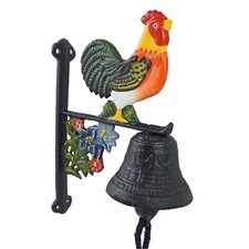 Small Cast Iron Metal Rooster Dinner Bell Hand Painted Flower Post or Wall Mount picture