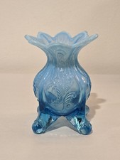 VTG 40s Dugan Glass Fan & Feathers Blue White Opalescent Scroll Acanthus Vase picture