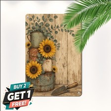 Stacked Rusty Metal Buckets Sunflower Still Life Art Metal Tin Sign Plaque Decor picture