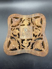 Vintage Hand Carved Wood Trivet Brass Inlay Floral Leaf India 7