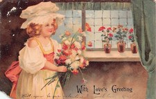 Antique Valentine's Day Card Girl Flowers Bouquet Window Sill Vtg Postcard A58 picture