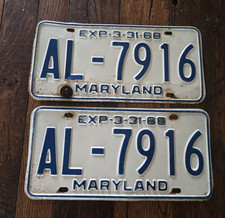 VTG 1968 MARYLAND MATCHING LICENSE PLATES MATCHED PAIR  HOT ROD MUSCLE CAR YEARS picture