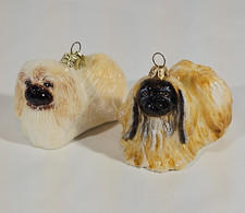 2 Pekingese Dog Blown Glass Ornaments Hand Painted Christmas Decor Kurt Adler picture