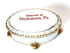 DOYLESTOWN PA Antique DEPRESSION WHITE MILK Glass Souvenir RARE TRINKET BOX picture