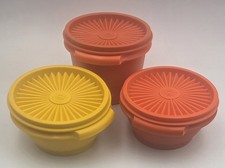 Vintage 1970s Tupperware 3-Piece Orange and Yellow Round Storage Containers  picture