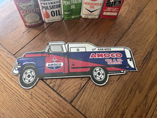 NICE  12” AMOCO GAS & OIL SERVICE PORCELAIN SIGN GAS TRUCK picture