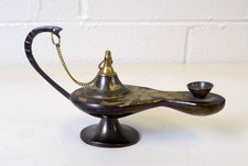 Vintage Brass Incense Burner Oil Lamp Aladdin Style Floral Inlay picture
