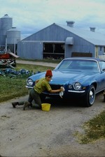 c1970's Kodachrome 35mm Slide, Boy Washing Chevrolet Camaro Farm Barn mid 1970s picture