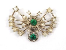 Butterfly Brooch Pin Green Rhinestones Glass Gold Plate Art Deco Vintage Estate picture