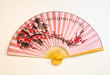 Large 60*35 in Oriental Wall Hanging Folding Fan Plum Flower Design Pink Fabric picture