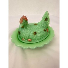 Mosser Rosso Glass Jadeite Hen on Nest Limited Edition 4/50 Green Scalloped Dish picture