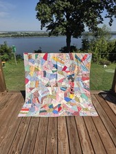 Vintage Crazy Quilt Hand-Tied With Embroidered Black Feather Stitching picture