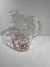 Vintage 1950s Glass Juice Pitcher Red White Botanical Floral Ice Lip Spout 2 Qt picture