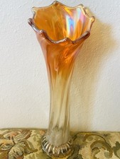 Vintage Fenton Fine Rib Marigold Iridescent Carnival Glass Vase Swung Fluted picture