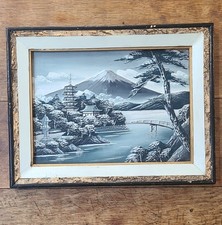 Antique Japanese 3D Relief Painting Mt Fuji Landscape Pagoda Cork Trim Framed picture