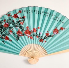 Large 60*35 in Oriental Wall Hanging Folding Fan Plum Flower Blue background picture