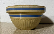 Antique Red Wing Yellow Ware Stoneware Mixing Bowl/Blue & White Band Ribbed 11.5 picture
