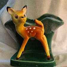 Green Ceramic Deer/Fawn Planter Hand Painted Glazed Asymmetrical Spotted picture