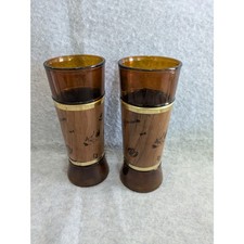 Set Of 2 Vintage Siesta Ware Western Cowboy Walnut Amber Highball Tiki Glass picture