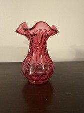 Vtg Fenton Cranberry Thumbprint Vase, Ruffled Top, Signed By George Fenton 2000 picture
