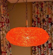 Rare ~ LG MCM Spun Lucite ORANGE FLYING SAUCER Spaghetti Swag Ceiling Lamp Light picture