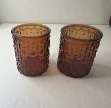 Amber Glass Votive Candle Holders Diamond Pattern Set Of 2 picture