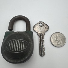 Vintage Shurloc Oval Padlock w/ Attached Key Rustic Industrial Old Lock picture