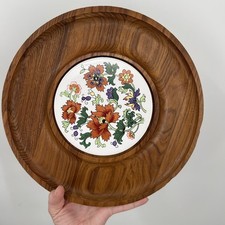 Vintage 70s Teakwood Floral Trivet Tray Plate by Dolphin 12” picture