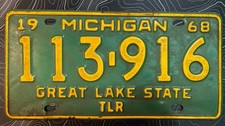 Vintage 1968 Michigan Green/Yellow License Plate 113-916 TLR Man Cave/Garage Art picture