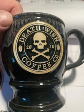 PAIR: 2018 Deneen Pottery Death Wish Coffee Co Black Footed Drip Glazed Mug New picture