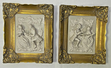 Set of 2 Alt Meissen 3D Porcelain Art Couple Scene Ornate Wood Gold Frame picture