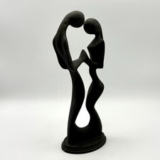 Vntg MCM Figure Abstract Romantic Love Wood Carved Man Woman Couple Matte Black picture