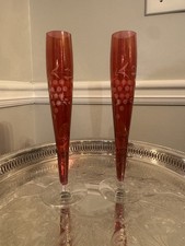 Pair of vintage tall cranberry glass bud vases, etched grape and vine pattern picture