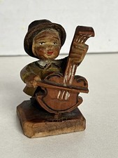 Hand Carved Painted Wood Folk Art Vintage Figure Boy Cello Bass ANRI? picture