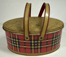 Vintage 1950-60s MCM Red Plaid Ohio Art Company Metal Lunch Pail With Cover USA picture