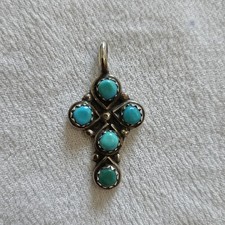 Navajo Zuni Natural Turquoise Petit Point  Sterling Silver 3 mm Cross Pendant picture