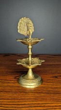 Vintage Solid Brass Peacock Oil Lamp Tiered Diya Hindu Puja India 6.25