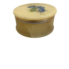VTG Italian Alabaster Trinket Box Round Hand Painted Blue Morning Glory Floral picture