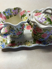 ‘English Garden’ Floral Ceramic Creamer & Sugar Bowl w/ Lid and Tray Set picture