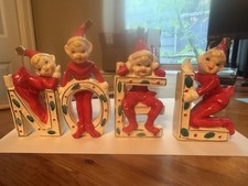 Vintage Japan Ceramic Christmas NOEL elves Candle Holders picture