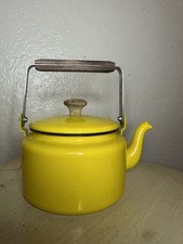 Vintage Yellow Enamel Tea Kettle Round with Wooden Swing Handle and Lid picture