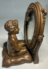 Antique French Bronze Sculpture Cherub Looking In Mirror Auguste Moreau Style picture