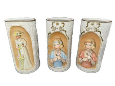 Vintage Enesco Set of 3 Lady 3D Porcelain Vases Victorian Floral Gold Trim picture