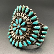 Vintage Navajo Native Turquoise Cluster Sterling Silver Bracelet Cuff 7-1/8