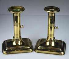 ANTIQUE PAIR 19C. ENGLISH BRASS PUSH UP CANDLE STICK HOLDERS - TURNER & CO picture