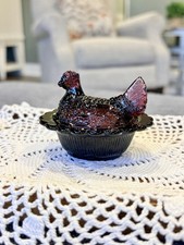 Vintage 1990 Mosser Amethyst Glass 3” Salt Chick Hen on Nest Old M Mark picture