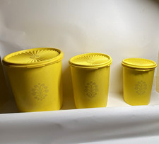 Tupperware 3pc Yellow Floral Medium Cylinder Food Storage Containers w/ Lids picture